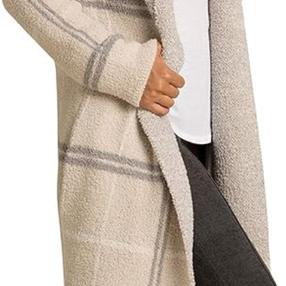 Barefoot Dreams Cream and Gray Plaid Long Open Cardigan